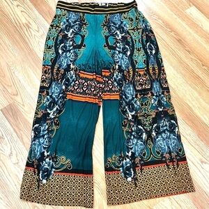 Eci,Defy Gravity, Boho,Vibrant Teal/Multi Colored Wide-Leg Palazzo Pants,Size XL